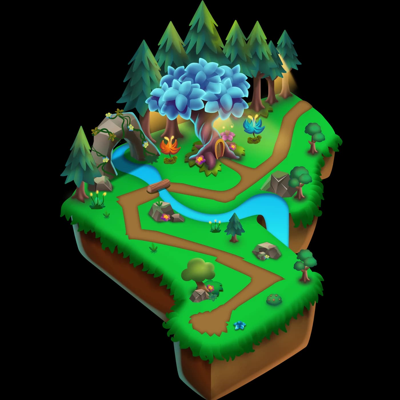 Mystic Forest island map with a winding path through trees, flowers, and water.